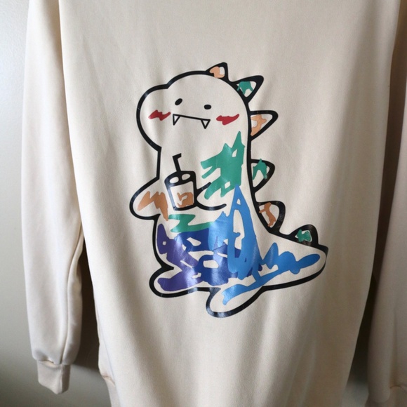 Scribble Dinosaur with Drink Beige Crew Neck Sweater Women's Size Small Cute - Picture 2 of 5